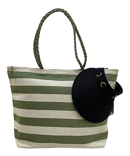 Kit Bolsa De Praia Listrada Verde E Viseira Laço Preto Boho