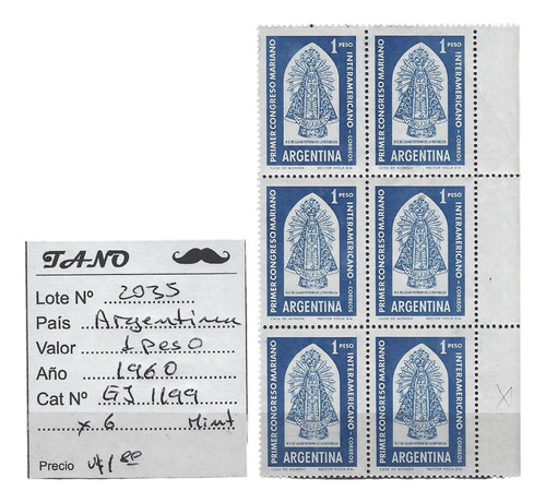 Lote2035 Argentina 1 Pesos 1960 Gj# 1199 Cuadro X6 Mint 