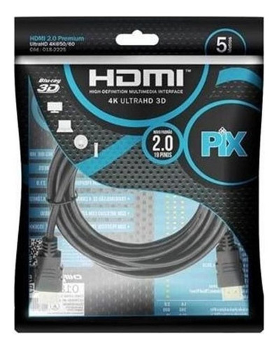 Cabo Hdmi 5 Metros 2.0 4k Ultrahd 3d Premium Chip Sce