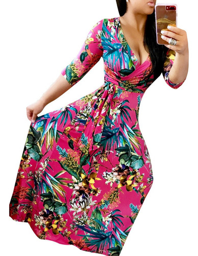 Vestido Bohemio Floral Elegante De Talla Grande Para Mujer