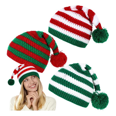 3 Gorros De Punto De Navidad, A Rayas Con Pompón