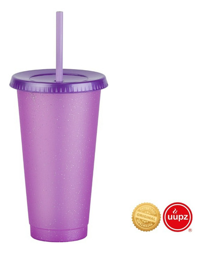 10 Vasos Reusables Con Popote Para Cafe Frio 24 Oz Color Morado Glitter Translucido