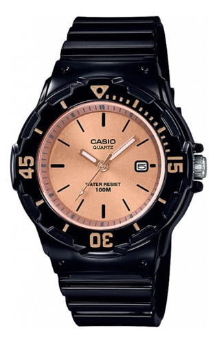 Reloj Pulsera Casio Youth Lrw-200 De Cuerpo Color Negro, Analógico, Para Mujer, Fondo Oro Rosa, Con Correa De Resina Color Negro, Agujas Color Oro Rosa Y Blanco, Dial Negro, Minutero/segundero Gris, B