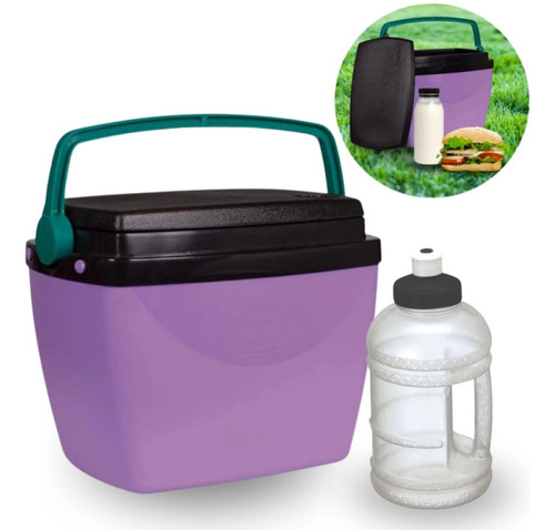 Caixa Termica Roxa Cooler Pequeno 6l + Garrafa Squeeze 500ml