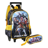 Kit Mochila Escolar C/capuz Rodinhas Estojo Duplo Free Fire