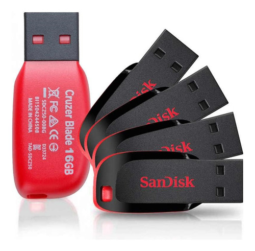 Kit Com 5 Unidades De Pendrive Sandisk Cruzer Blade 16gb 2.0