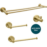 Kit De Banheiro Lavabo Dourado Inox 304 Porta Toalha Duplo