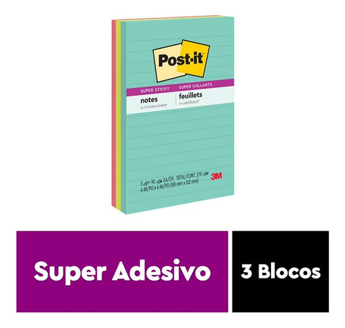 Post-it Pautado Supernova 101mm X 152mm 3 Blocos 90 Folhas