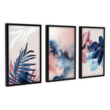 Quadros Decoração Sala Grande Folhagens Azul E Rosa Moderno Cor Preto Armação Preto