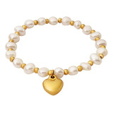 Pulsera Baño Oro 18k Perlas Agua Dulce Pelotitas Corazón