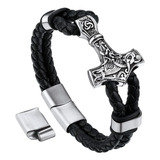 Bandmax Pulsera Mjolnir Trenzada De Cuero Negro Para Hombres