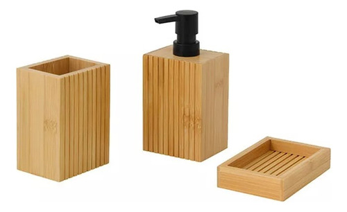 Kit De Baño De Bambú Dispenser + Vaso + Jabonera De Bambú