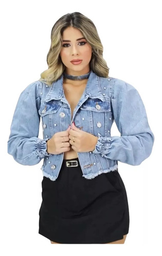 Jaqueta Jeans Detalhes Em Pedraria Luxo Brilho Tendencia 