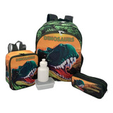 Kit Mochila Infantil Dinossauro Costas G Verde F5 +lancheira