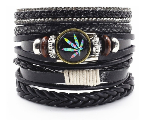 Pulsera Manilla Brazalete Cuero Hoja Cannabis Hombre Mujer