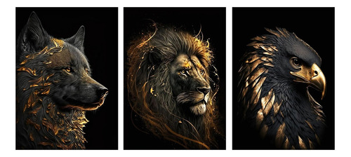 Cuadro Decorativo Animales León, Águila, Lobo, Tríptico