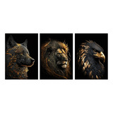 Cuadro Decorativo Animales León, Águila, Lobo, Tríptico