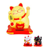 Gato Fortuna Suerte Carga Solar Maneki Neko Negro Blanco 8cm