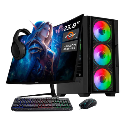 Computadora Escritorio Completa Xtreme PC Gaming AMD Radeon Vega Renoir Ryzen 7 16GB SSD 500GB Monitor Curvo 23.8 100Hz WIFI Black rendimiento básico para juegos casuales, trabajo y estudio | Meses sin interés