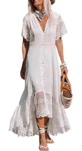 Vestido Largo Asimétrico Blanco Bordado Encaje Boda Girlboss