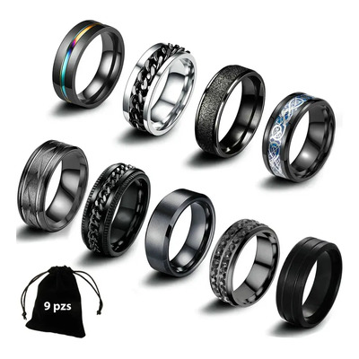 9 Piezas Anillo Hombre De Titanio Acero Inoxidable Color Negro Talla 8