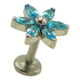 Piercing Labret 6mm Flor Zircon Azul Titanio Astm F136 G23