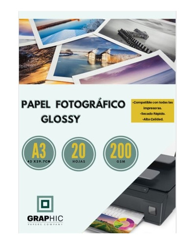 Papel Fotográfico Glossy 200grs Tamaño A3 // 20 Hojas 