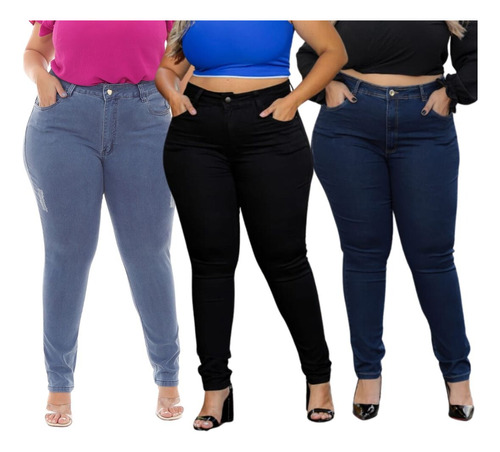 Kit 3 Calças Feminina Jeans Skinny Cintura Alta Plus Size