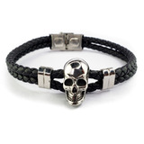 Pulsera Calavera Acero Inoxidable Cuero Hombre Mujer D