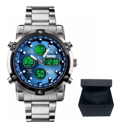 Reloj Skmei Dual Time Para Hombre Con Correa De Acero De Lujo, Color Plateado Con Bisel Azul, Color De Fondo Negro, Color Negro