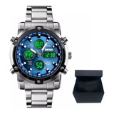 Reloj Skmei Dual Time Para Hombre Con Correa De Acero De Lujo, Color Plateado Con Bisel Azul, Color De Fondo Negro, Color Negro