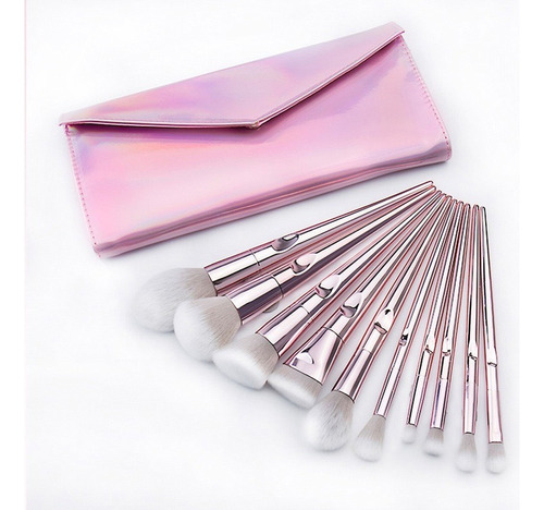 Brochas Pinceles Cepillos Maquillaje + Bolso Rosa 10pzas