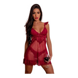 Camisola Sexy Em Tulle E Renda Transparente Luxo Noite