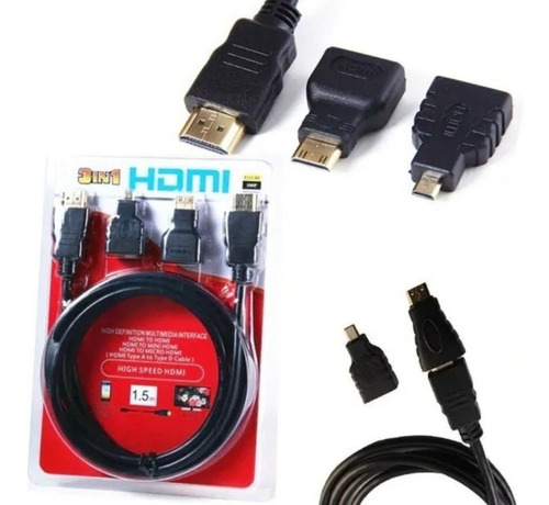 Cable Hdmi A Hdmi 1.5 Mtrs + Adaptadores Micro Y Mini Hdmi 