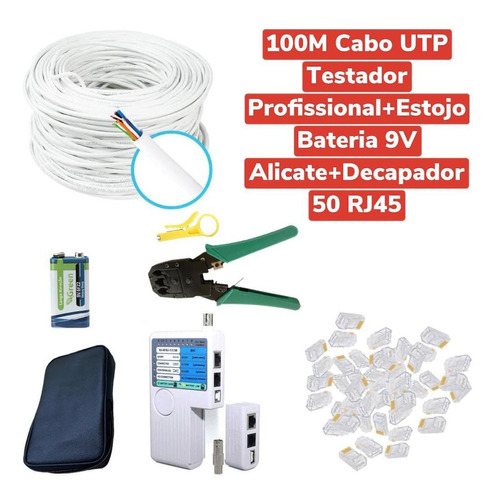 Kit 100m Cabo Rede + Testador Prof+ Alicate +50 Rj45 Bateria