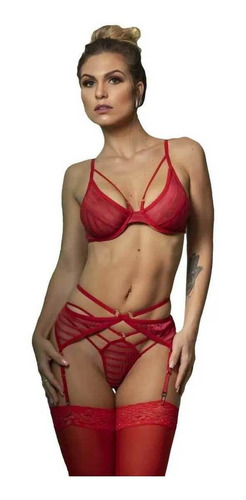 Lingerie Sexy Renda Luxo Sedutora Sensual Strapps + Meias