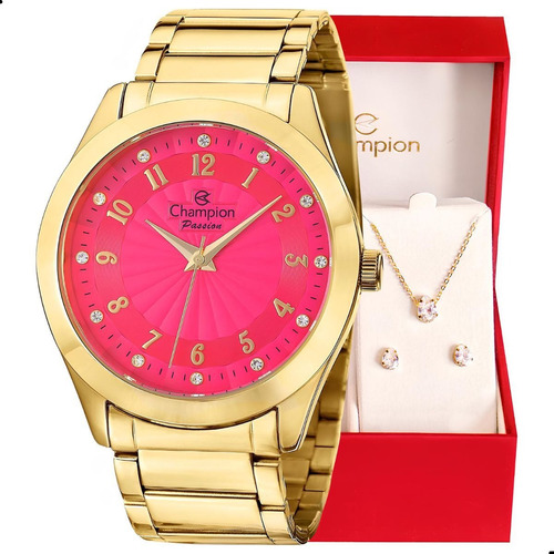 Relógio Champion Feminino Dourado E Rosa + Colar E Brincos