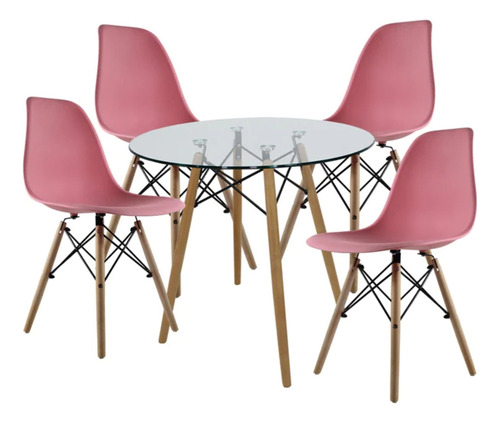 Set Comedor Mundo In Cristal Con 4 Sillas Eames Redondo 80cm De Polipropileno Color Rosa