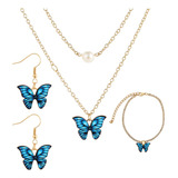 Set De Joyas X4 Unidades Dama Mariposas Morpho Cadena Golden