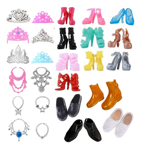 Kit 10 Sapatos Barbie + 4 Sapatos Ken + 6 Coroas + 6 Colares