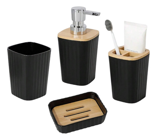 Set Para Baño 4 Piezas Dispenser Jabon Bambu Plastico