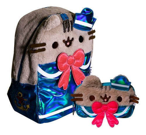 Set Mochila Y Lapicera Gato Pusheen Cat Marinero Azul Celest