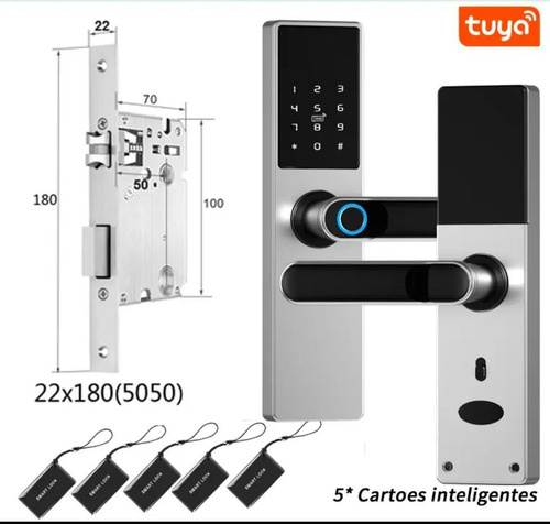 Fechadura Digital Wifi Tuya Prova D'agua Prata Voz Português