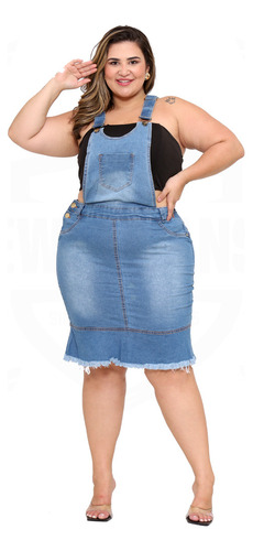 Salopete Midi Jeans Feminina Plus Size Jardineira Saia 