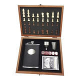 Juego Ajedrez Tablero Madera + Wiskera 8oz + Copa + Cartas 