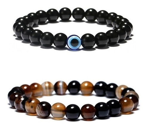 Pulseira Masculina De Bolinha Olho De Tigre Conjunto 2 Peças Comprimento 20 Cm Diâmetro 20 Cm