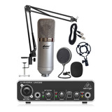 Placa De Sonido Behringer Umc22 Mic Bm-700 Kit Brazo Cable