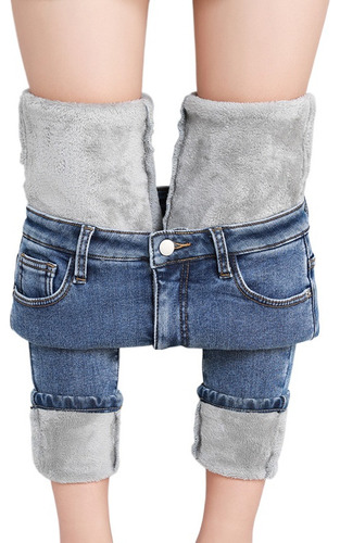 Calças Jeans De Inverno Com Pelúcia Quente E Elástica