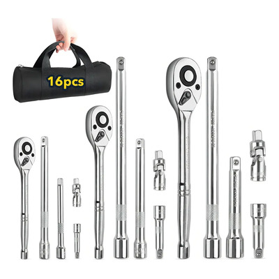 Ycrigns® Juego De Herramientas Mecánicas 16 Piezas Kit De Llaves De Matraca Y Dados Para Autos Set Profesional Para... Plateado