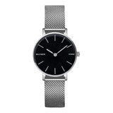 Reloj De Pulsera Millner Mini De Cuerpo Color Plata, Analógico, Para Mujer, Fondo Negro, Con Correa De Acero Inoxidable Color Plata, Agujas Color Plata, Dial Plata, Bisel Color Plata Y Hebilla De Ganc